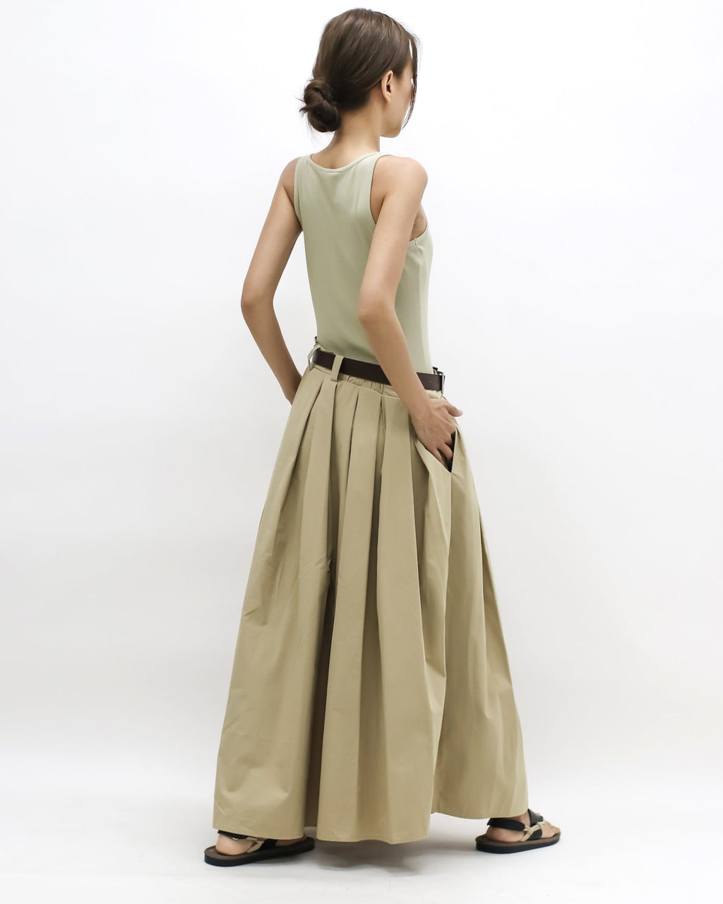 beige jersey vest & flare longline dress w/ belt *pre-order*