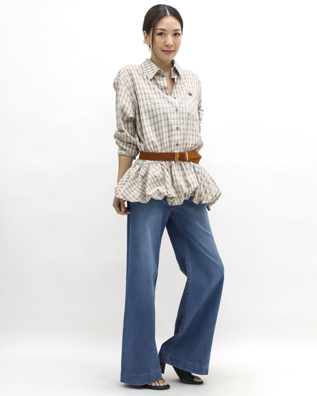 brown & ivory checker bubble hem shirt w/ belt *pre-order*