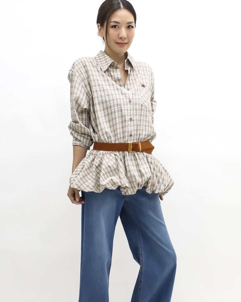brown & ivory checker bubble hem shirt w/ belt *pre-order*