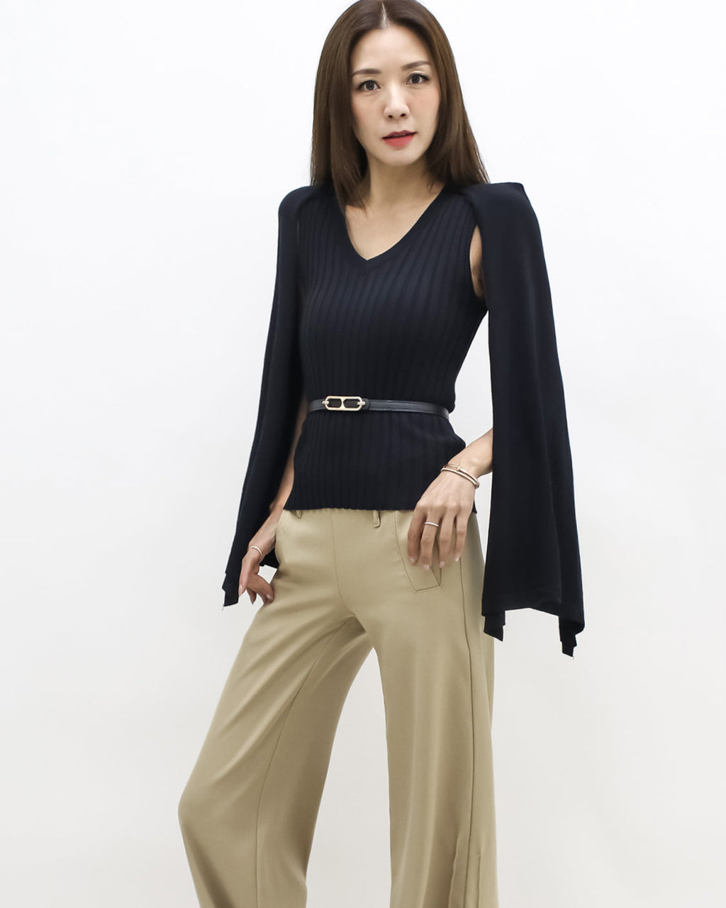 black cape knitted top w/ belt