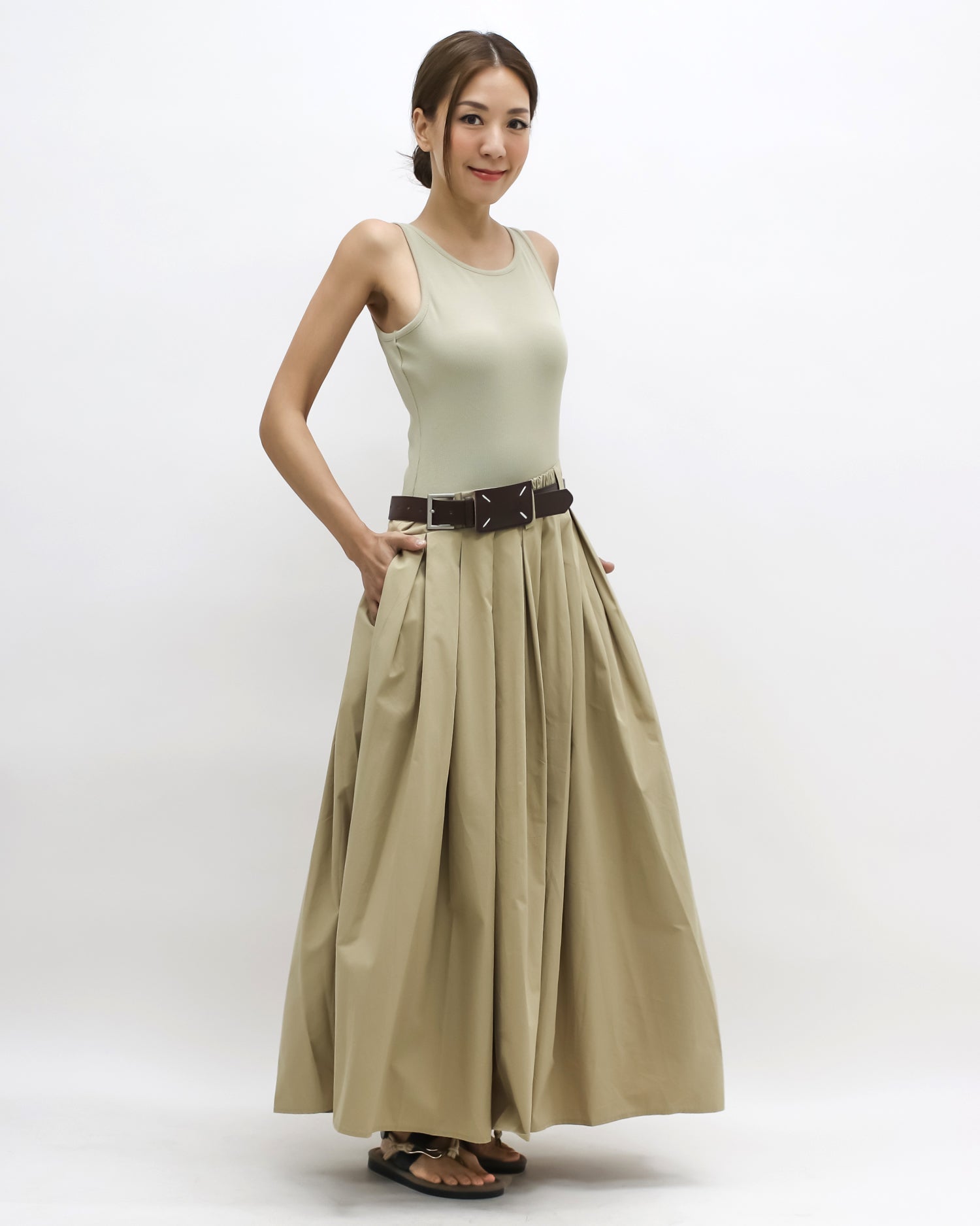 beige jersey vest & flare longline dress w/ belt *pre-order*