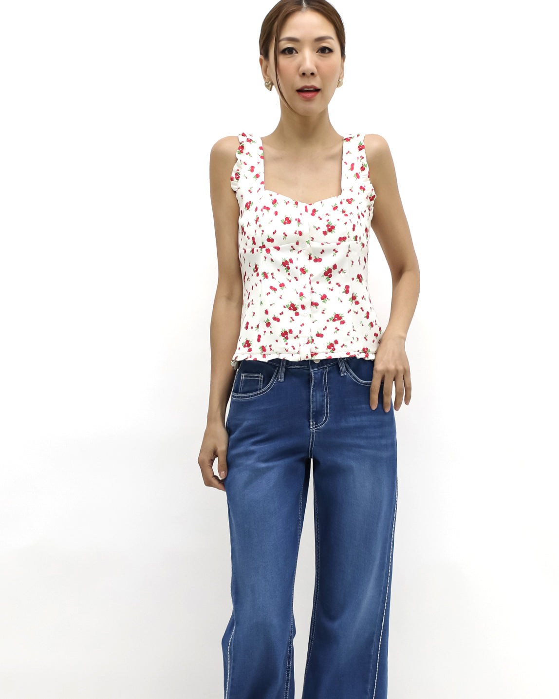 beige w/ red floral printed ruffles hem vest *pre-order*