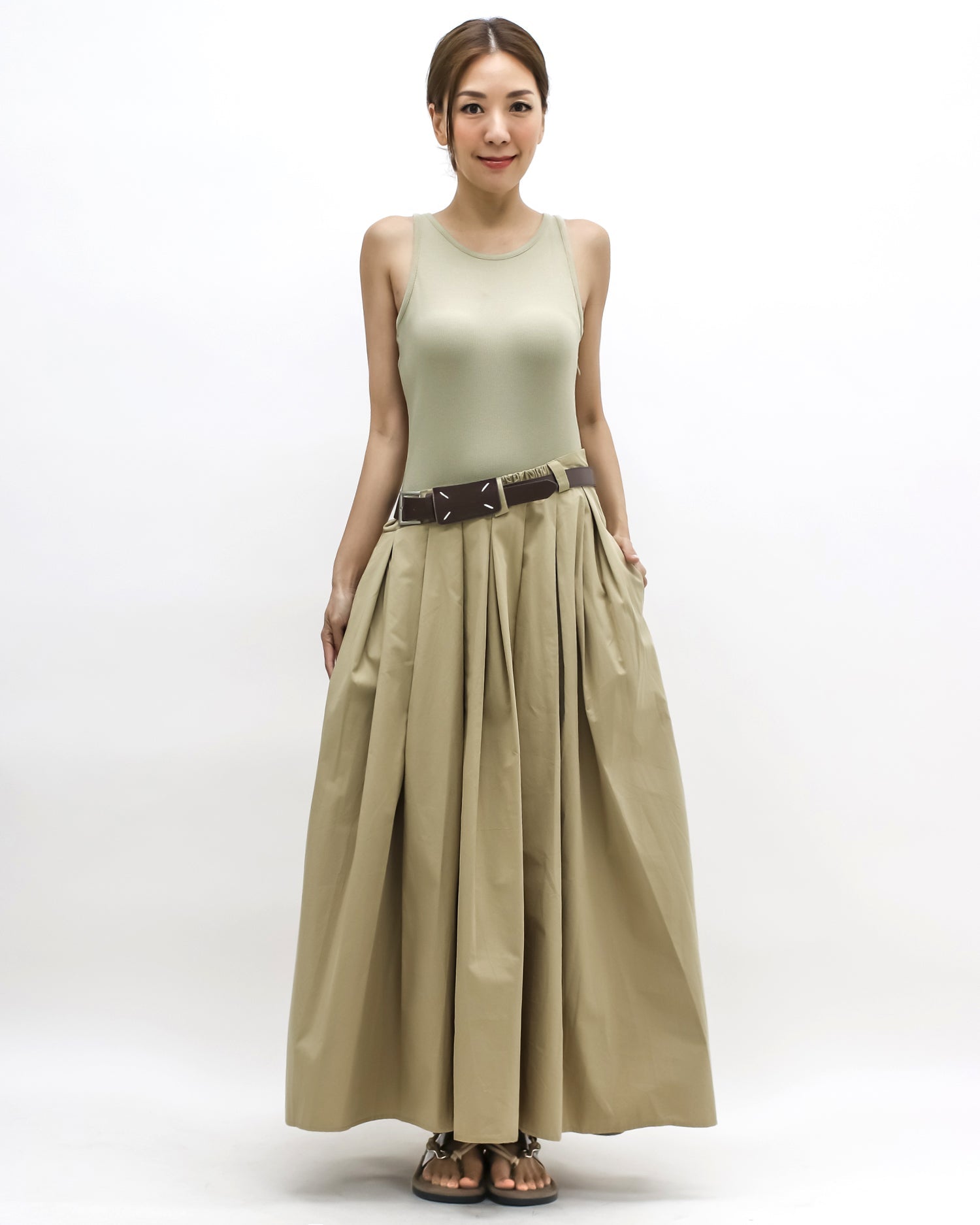 beige jersey vest & flare longline dress w/ belt *pre-order*