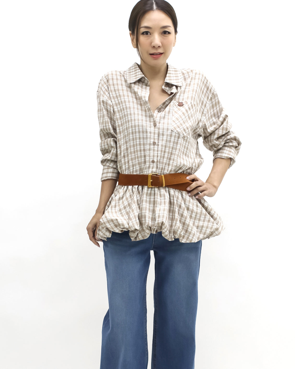 brown & ivory checker bubble hem shirt w/ belt *pre-order*