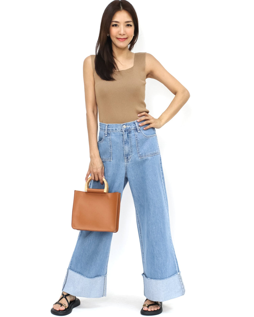 blue denim fold hem wide legs jeans - M