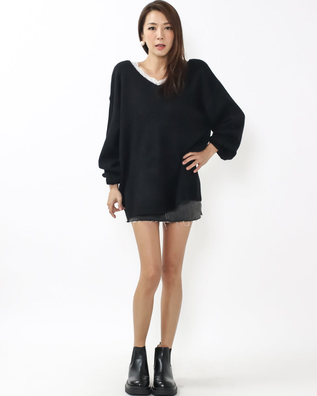 black lace trim w/ ivory satin bow back cutout back knitted top *pre-order*