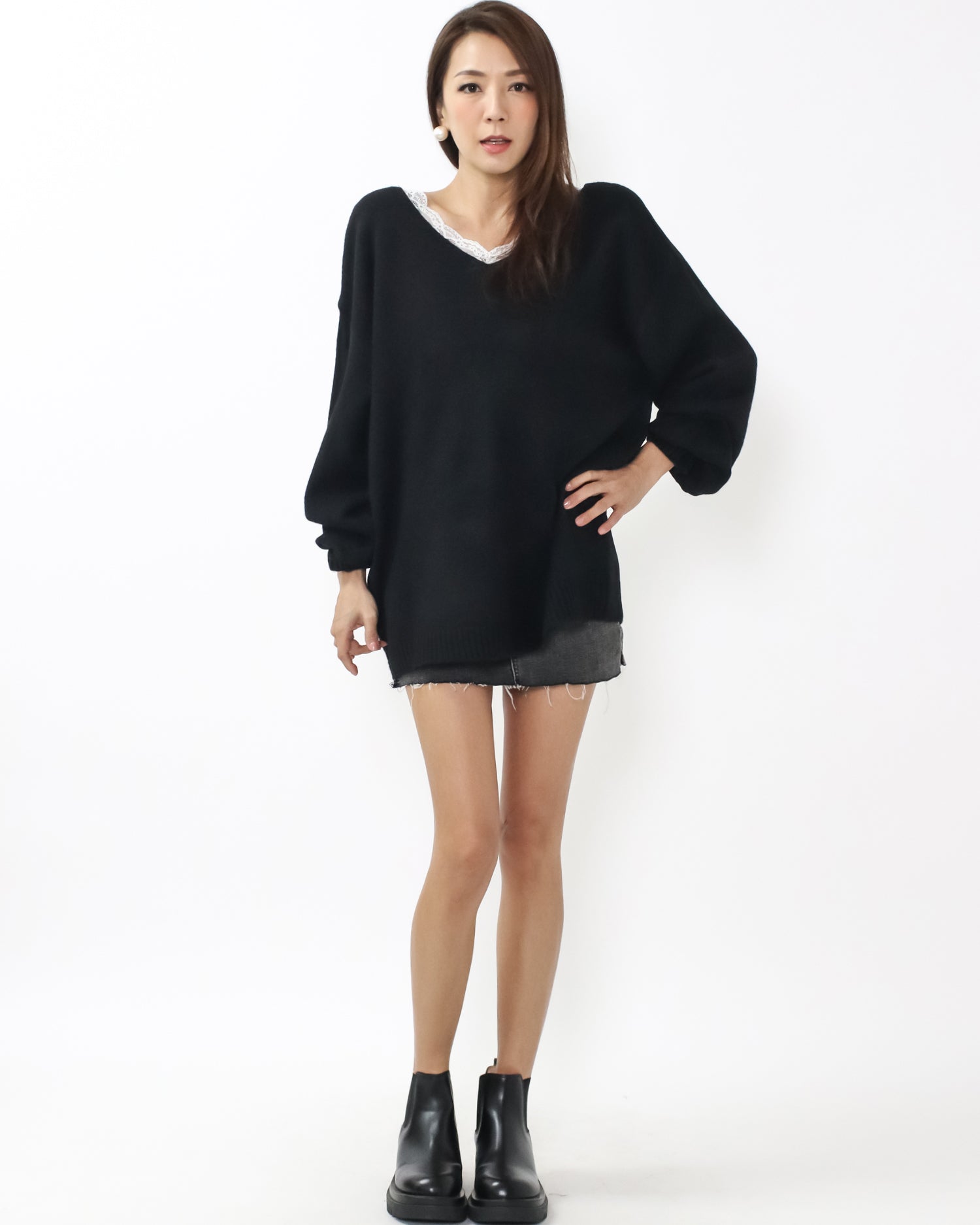 black lace trim w/ ivory satin bow back cutout back knitted top *pre-order*