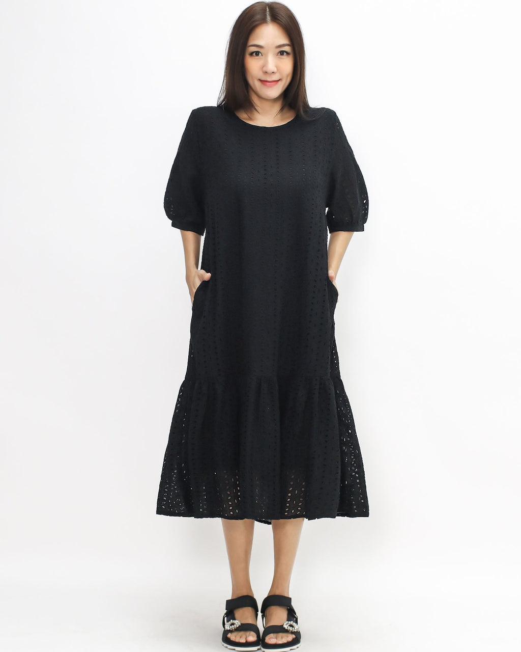 black crochet flare longline dress