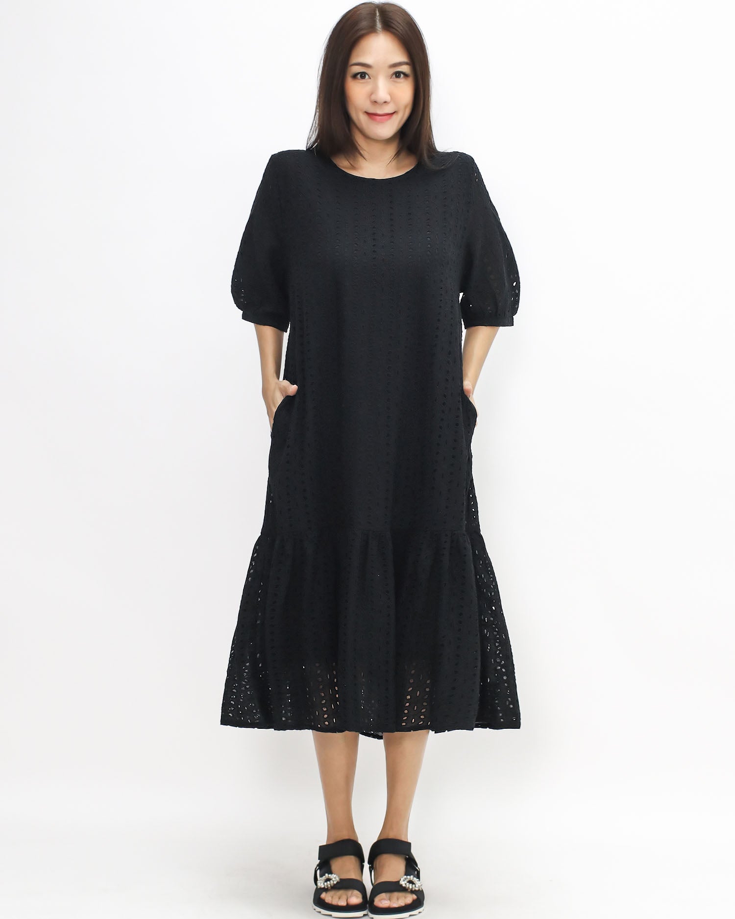 black crochet flare longline dress