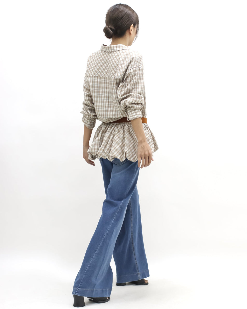 brown & ivory checker bubble hem shirt w/ belt *pre-order*