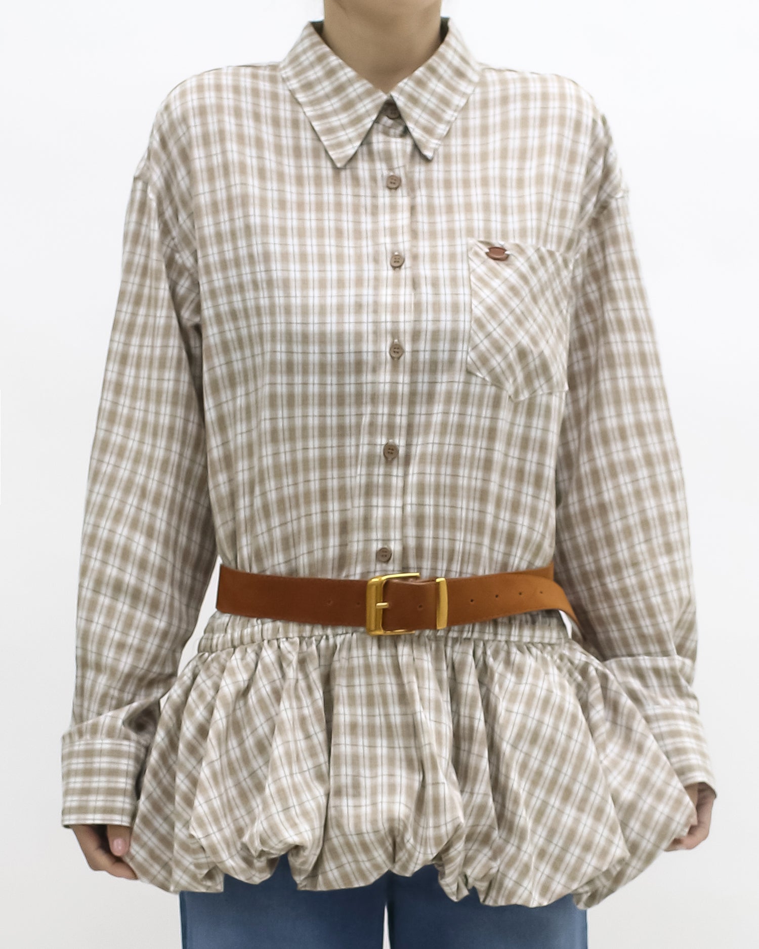 brown & ivory checker bubble hem shirt w/ belt *pre-order*