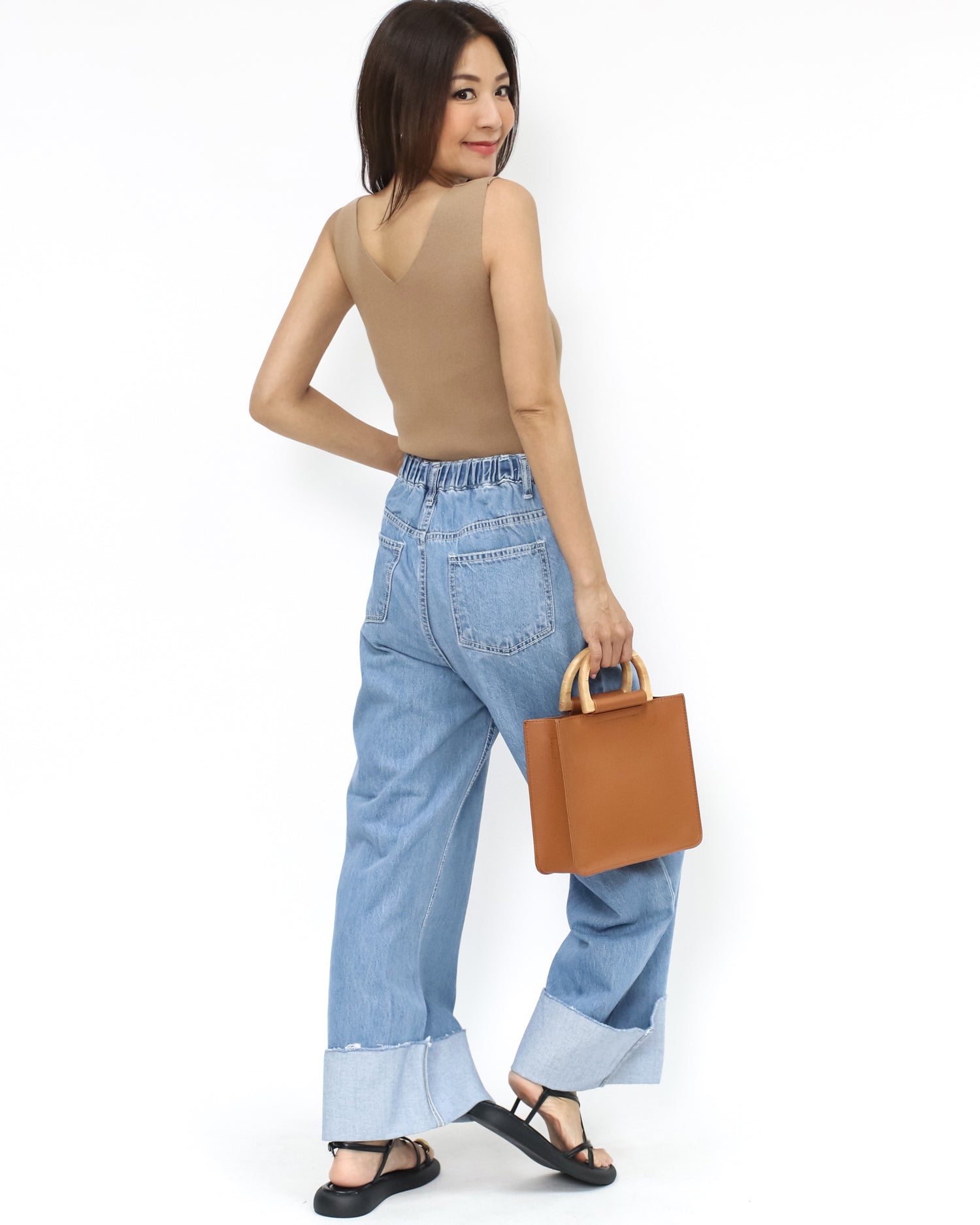 blue denim fold hem wide legs jeans - M