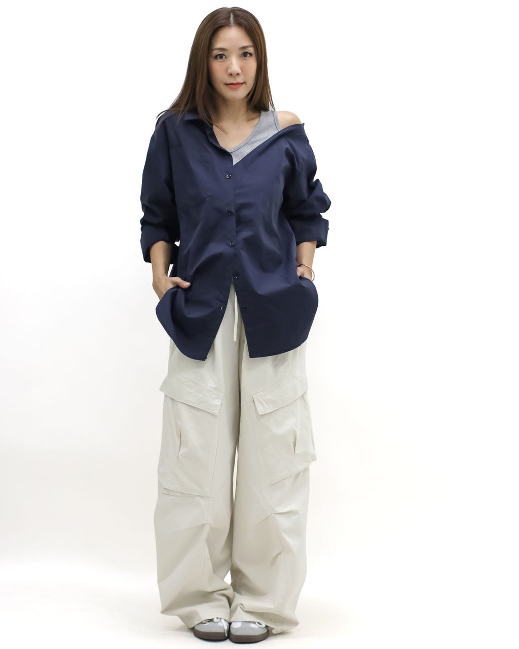 navy & grey vest cutout shoulder shirt *pre-order*