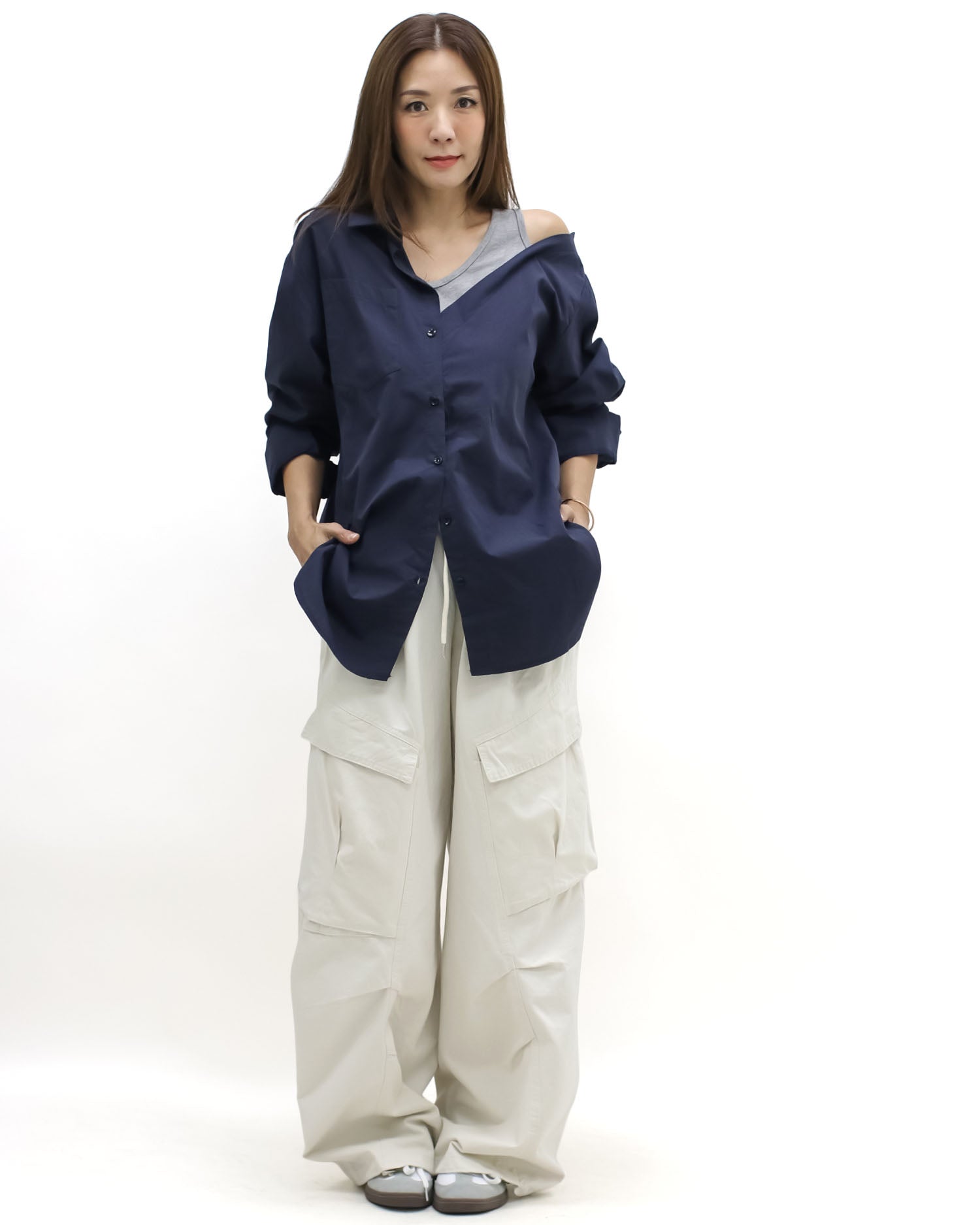 navy & grey vest cutout shoulder shirt *pre-order*