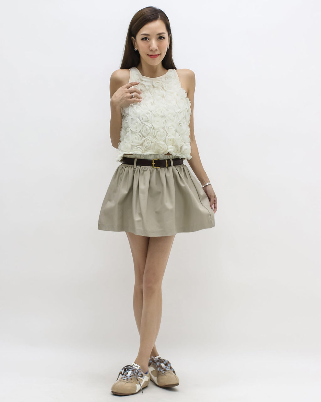 beige w/ ivory waist layer skort w/ belt *pre-order*
