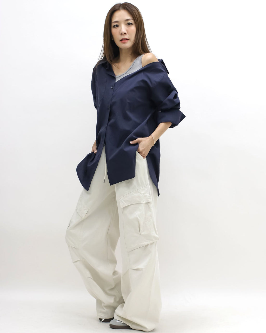 navy & grey vest cutout shoulder shirt *pre-order*