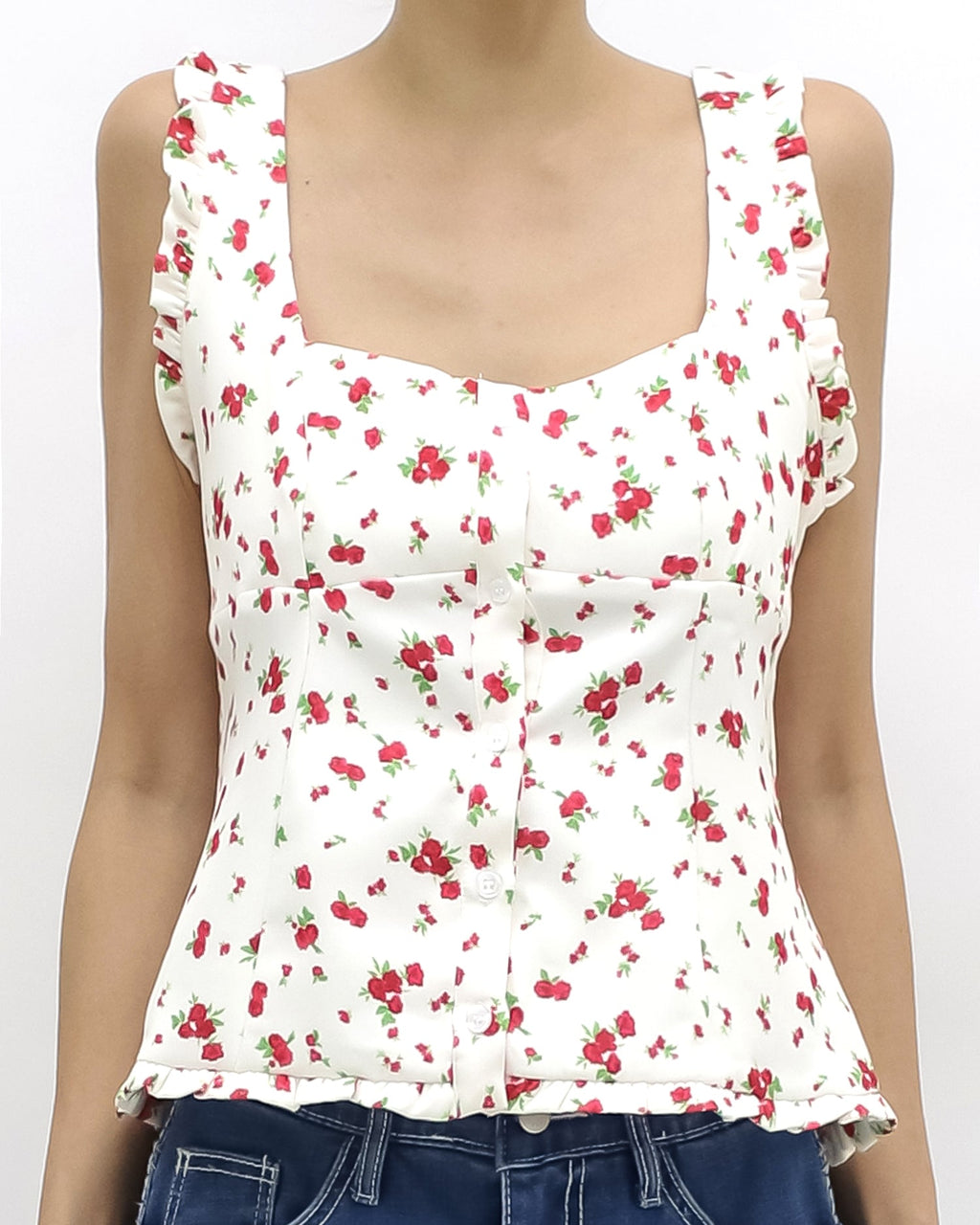 beige w/ red floral printed ruffles hem vest *pre-order*