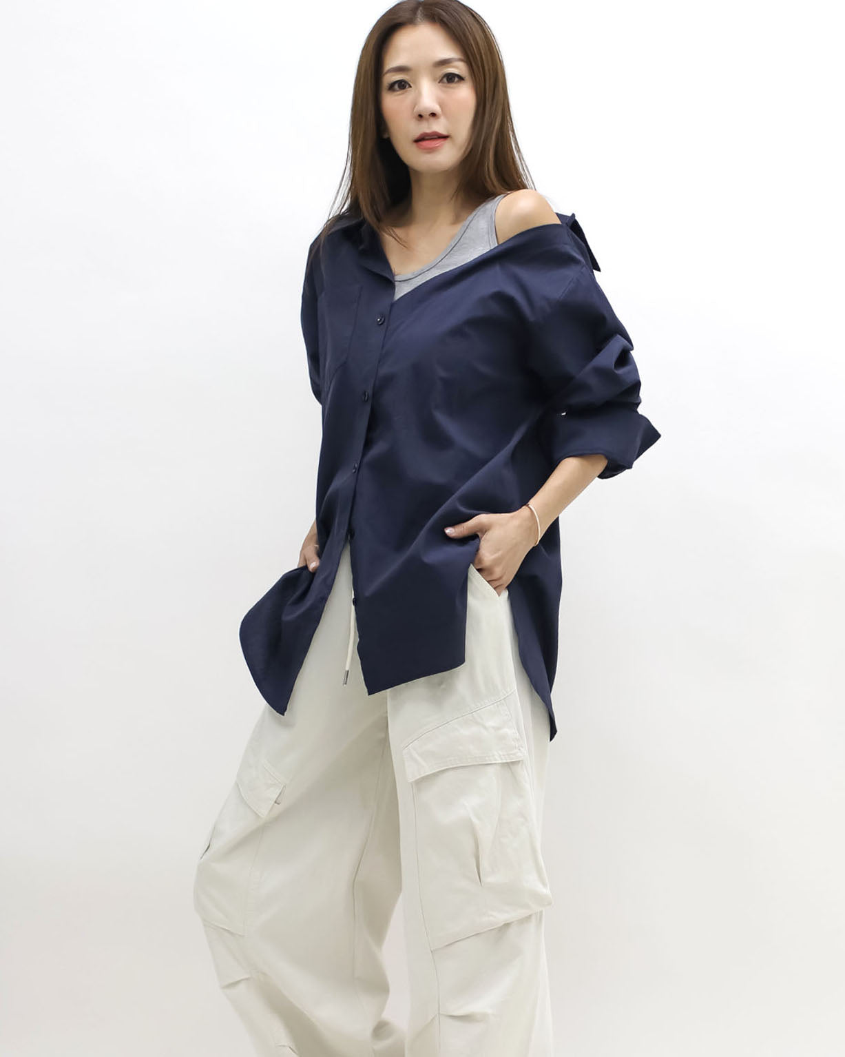 navy & grey vest cutout shoulder shirt *pre-order*