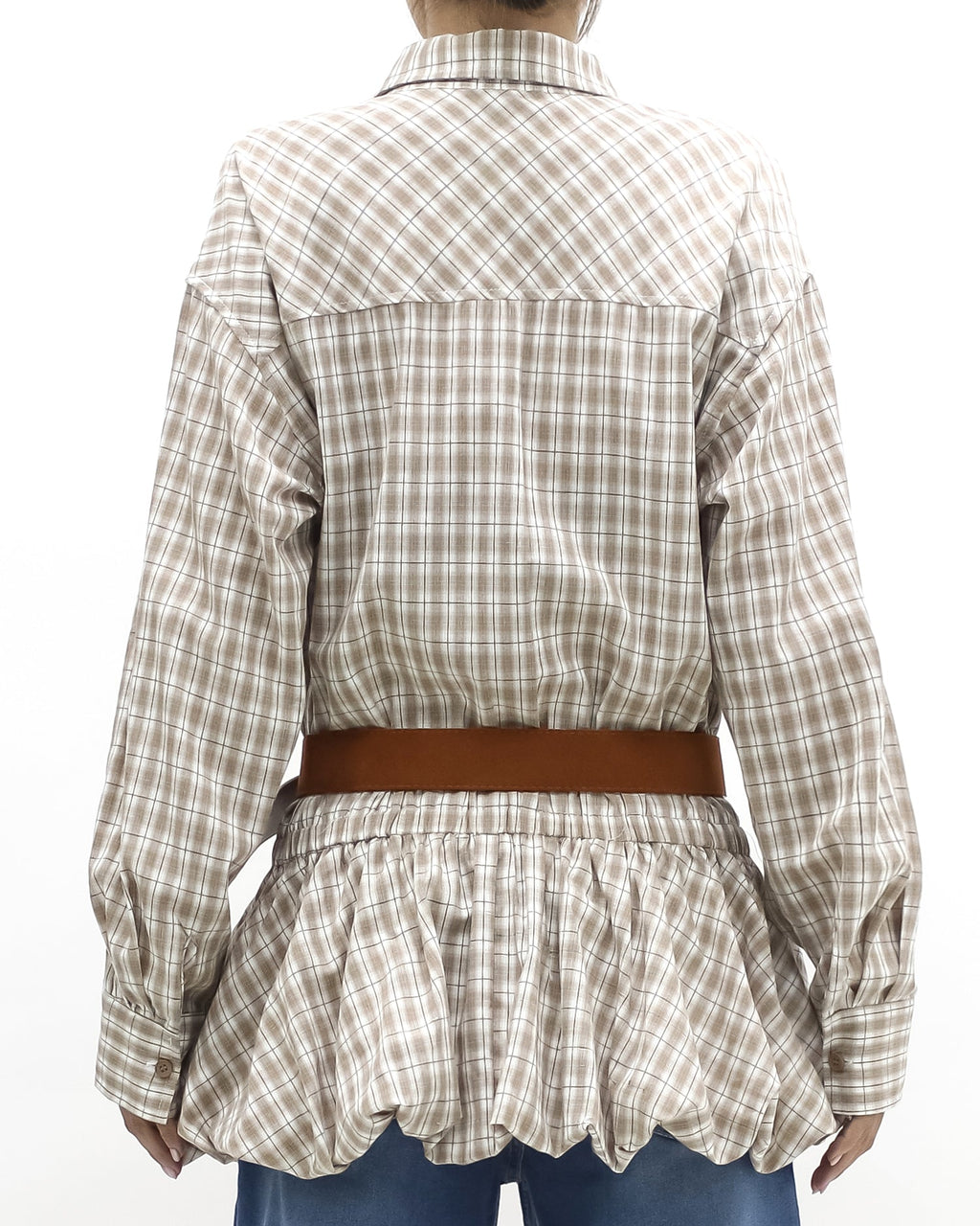 brown & ivory checker bubble hem shirt w/ belt *pre-order*
