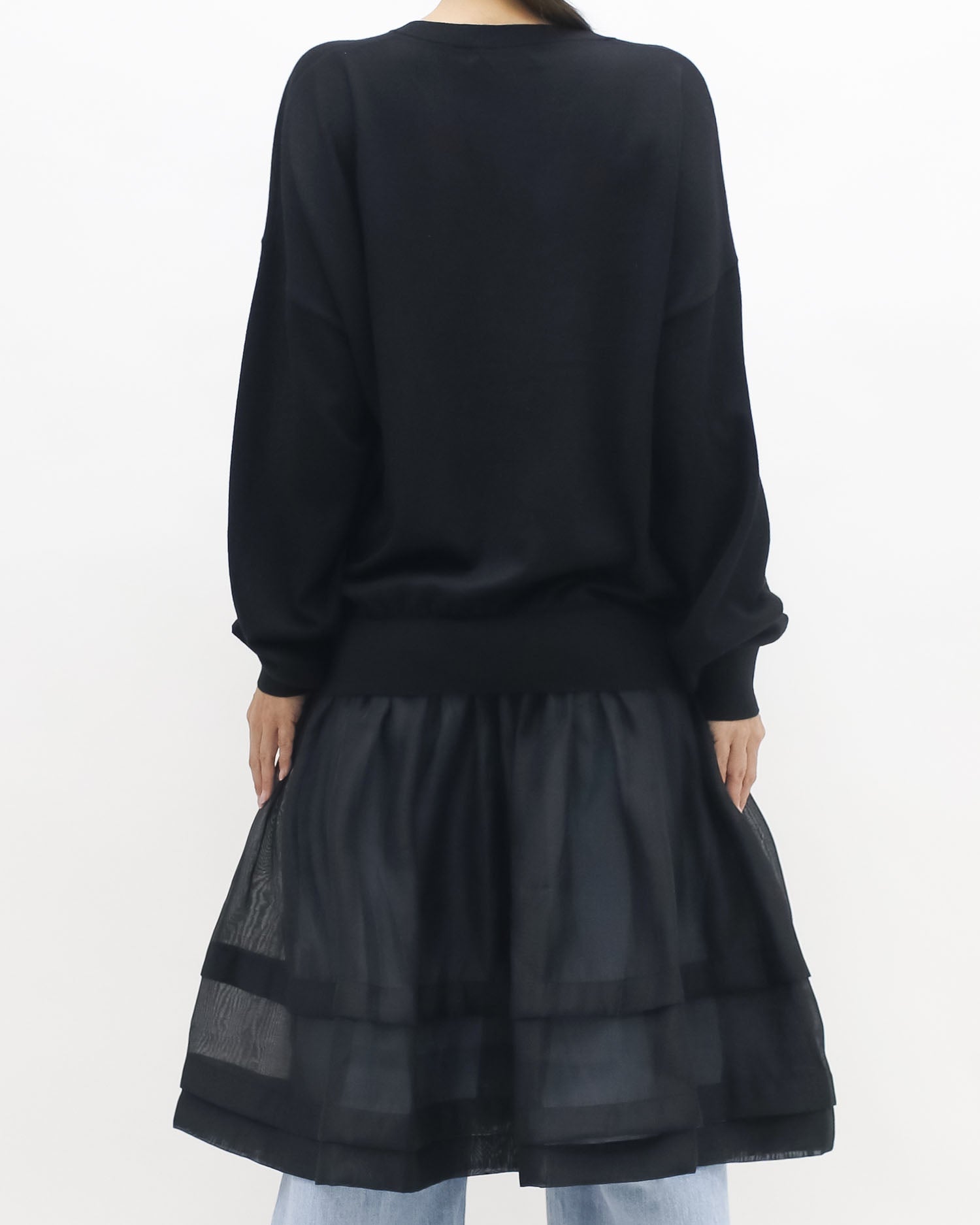 black V neck knitted & mesh flare hem top