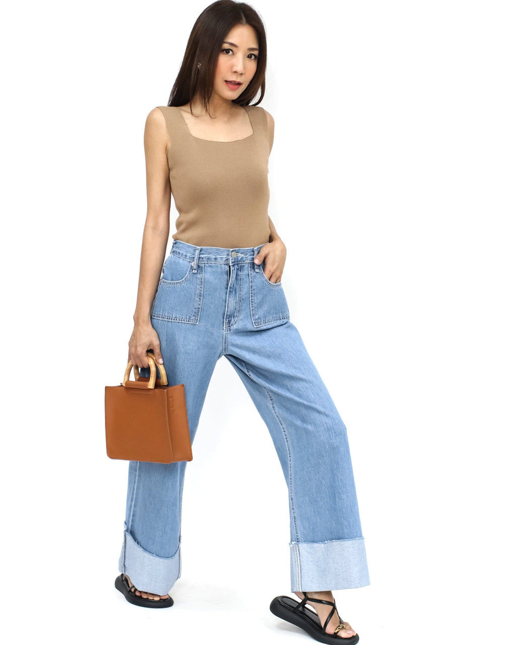 blue denim fold hem wide legs jeans - M