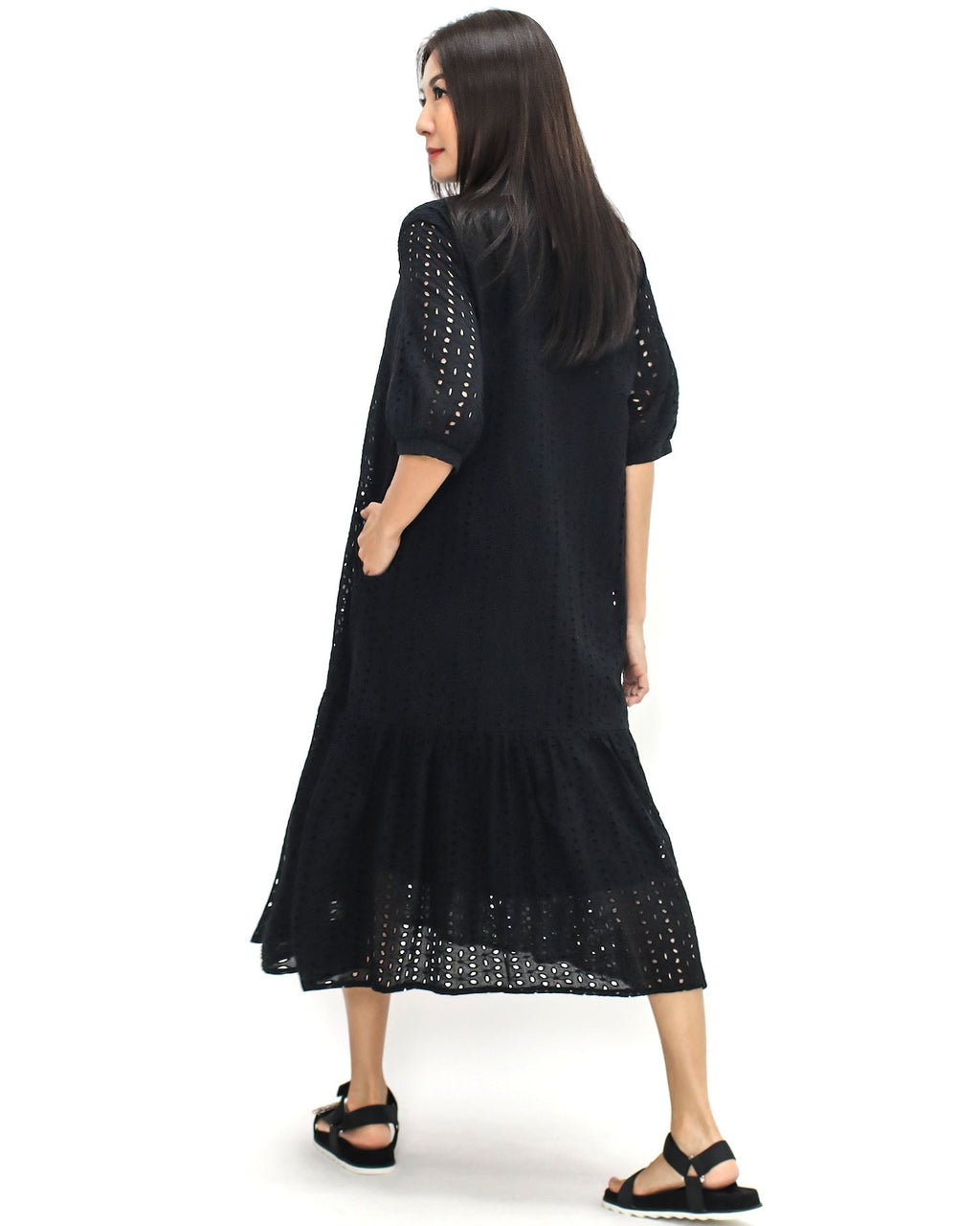 black crochet flare longline dress