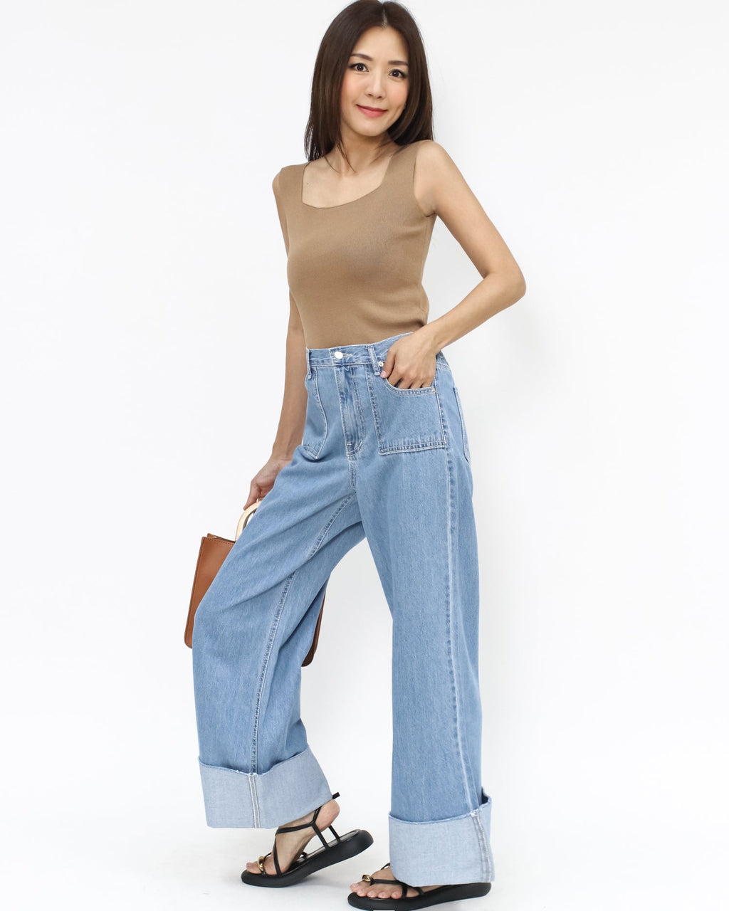 blue denim fold hem wide legs jeans - M