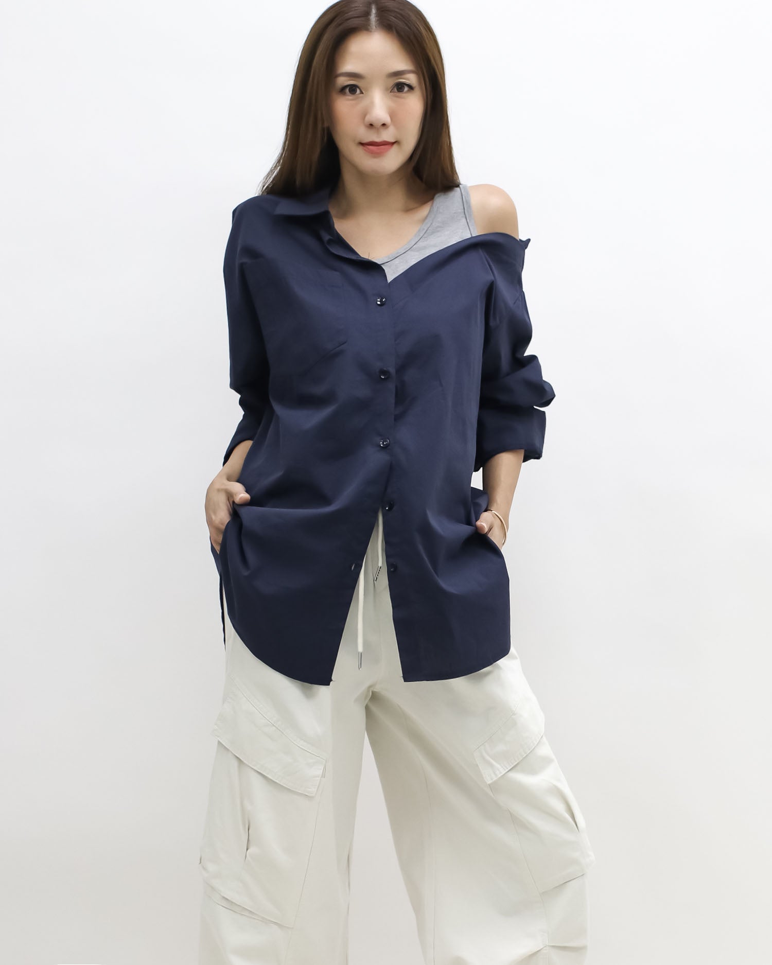 navy & grey vest cutout shoulder shirt *pre-order*