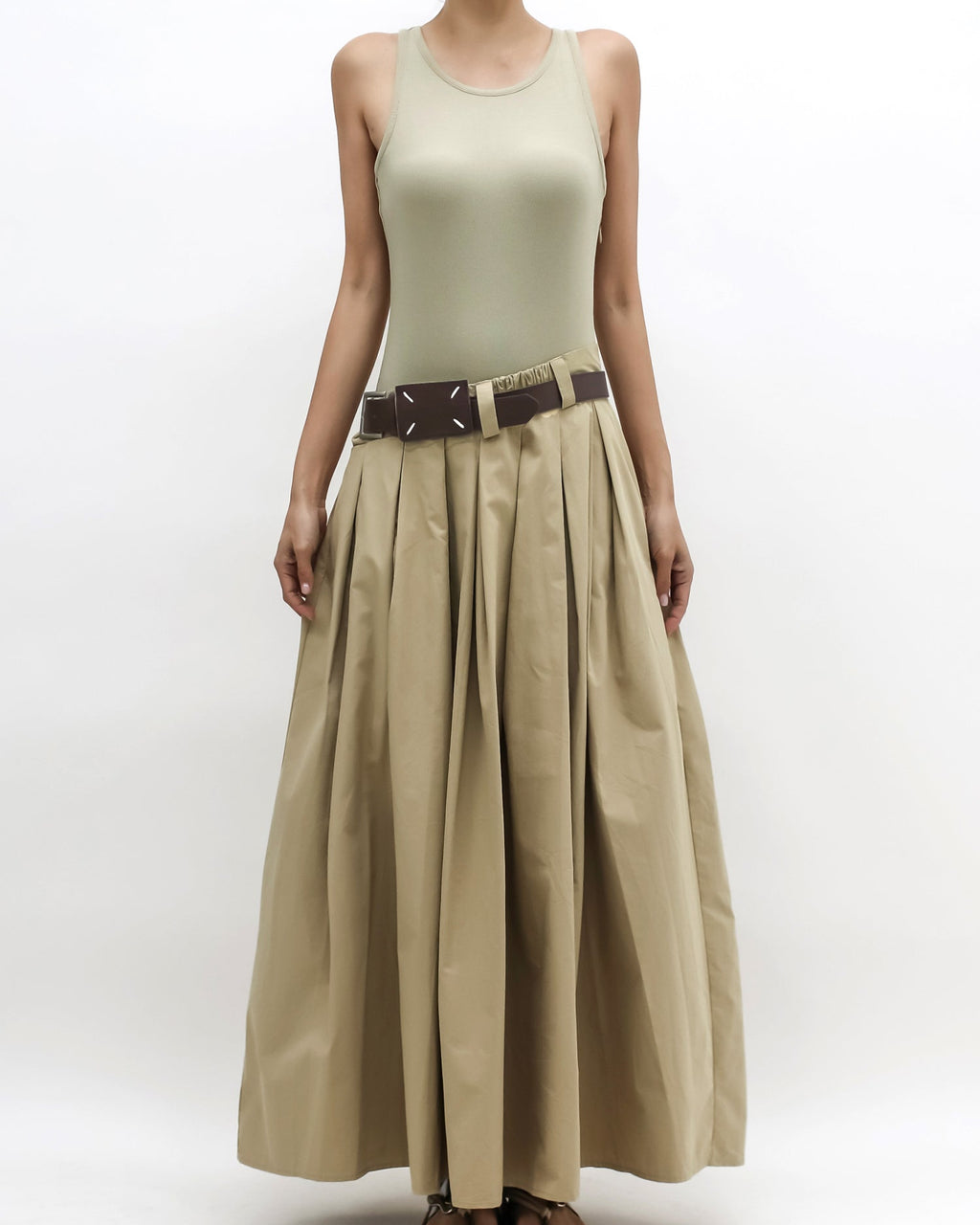 beige jersey vest & flare longline dress w/ belt *pre-order*