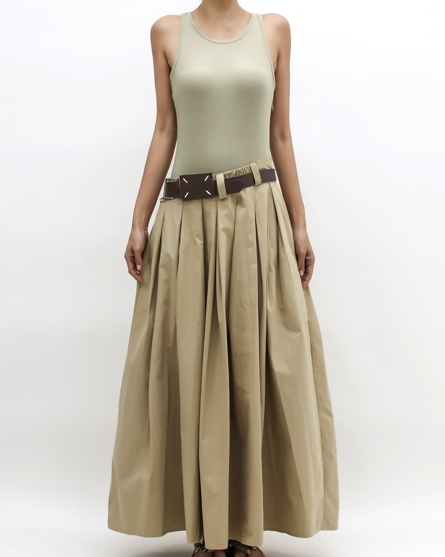 beige jersey vest & flare longline dress w/ belt *pre-order*