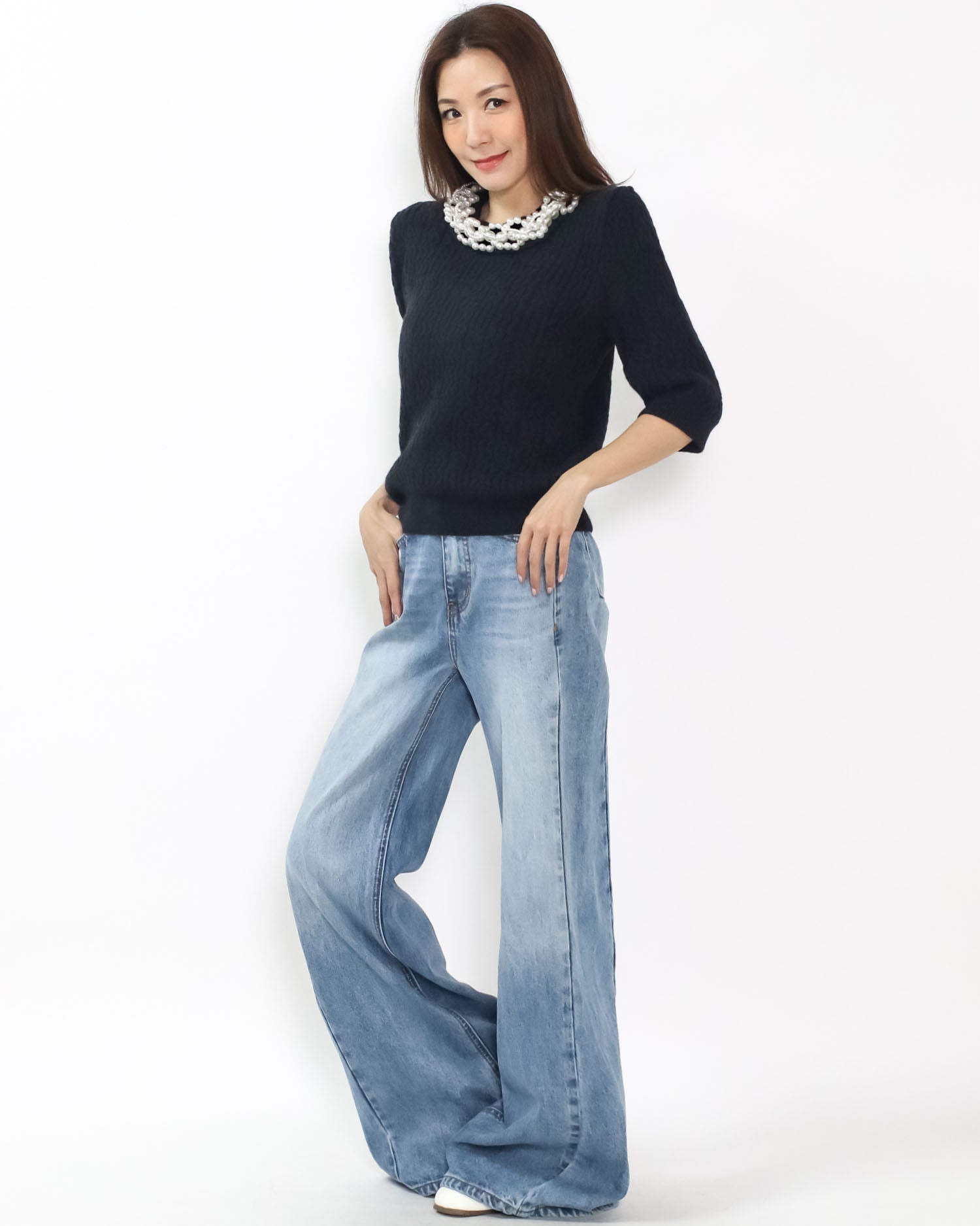 black knitted w/ pearls neckline top