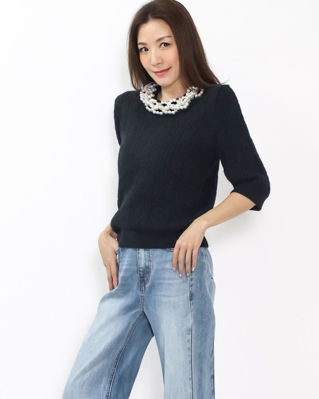 black knitted w/ pearls neckline top