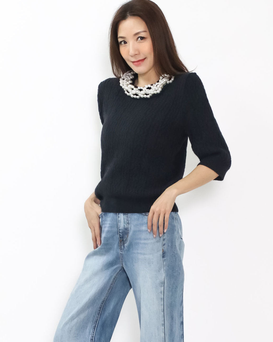 black knitted w/ pearls neckline top