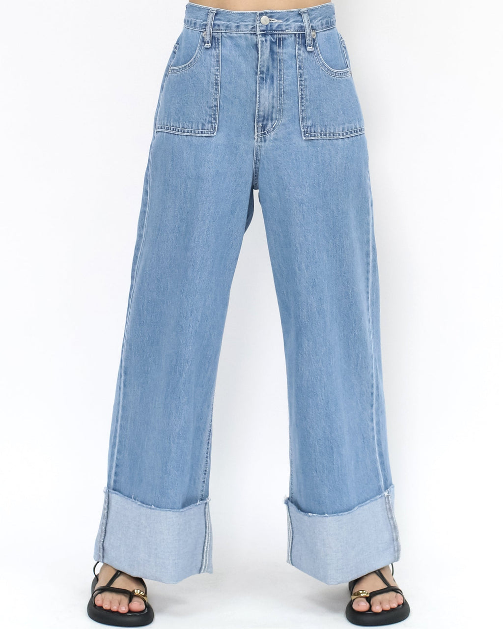blue denim fold hem wide legs jeans - M