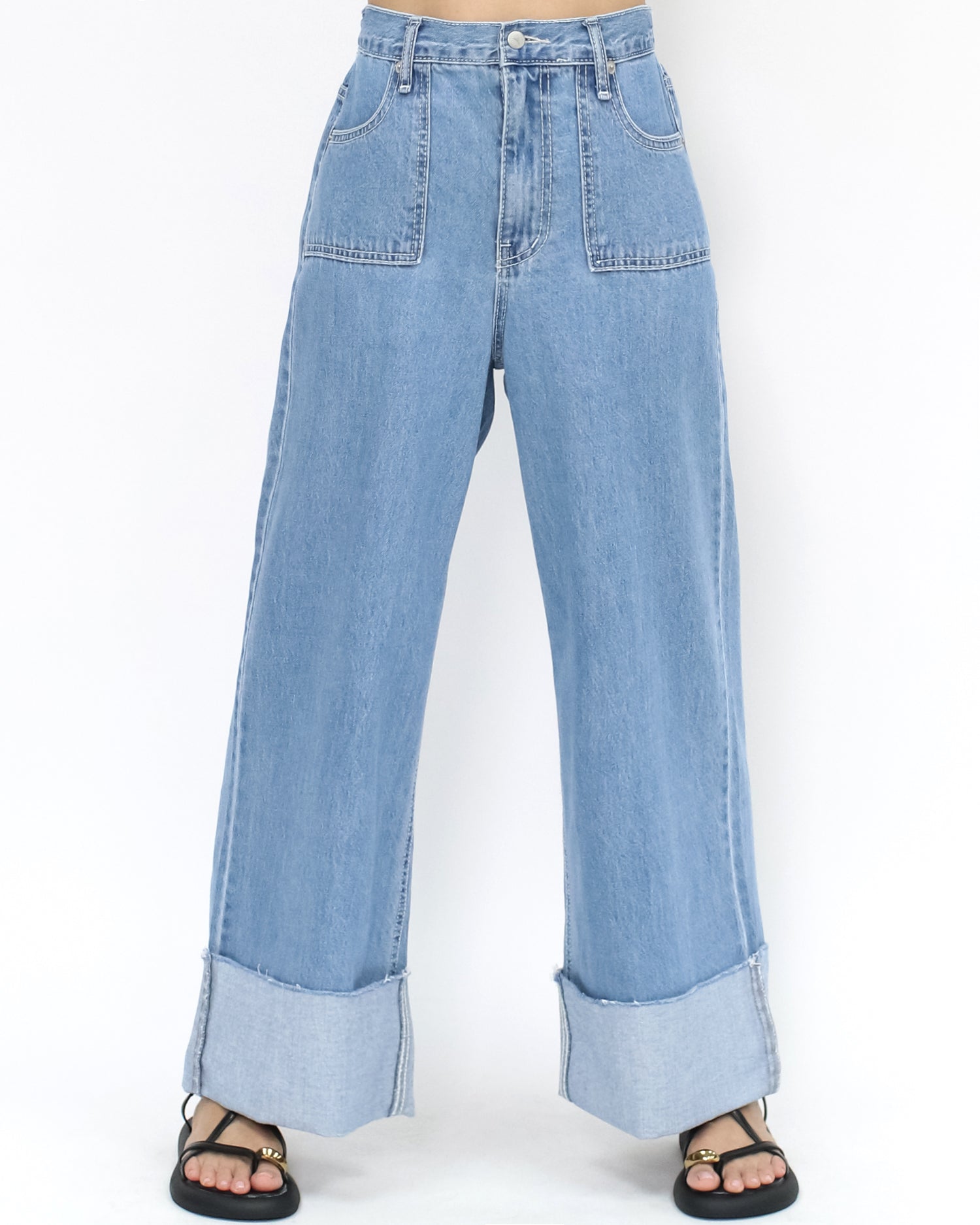 blue denim fold hem wide legs jeans - M