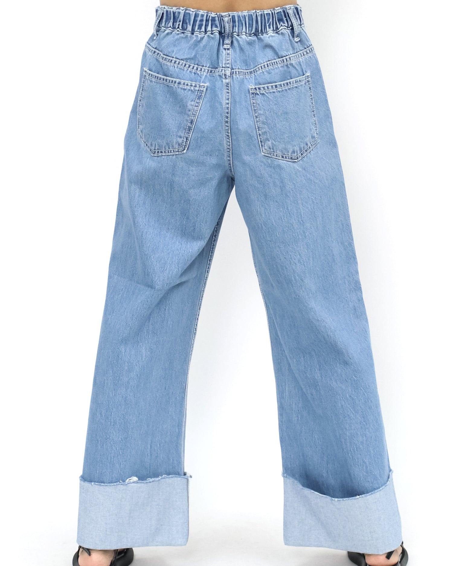 blue denim fold hem wide legs jeans - M