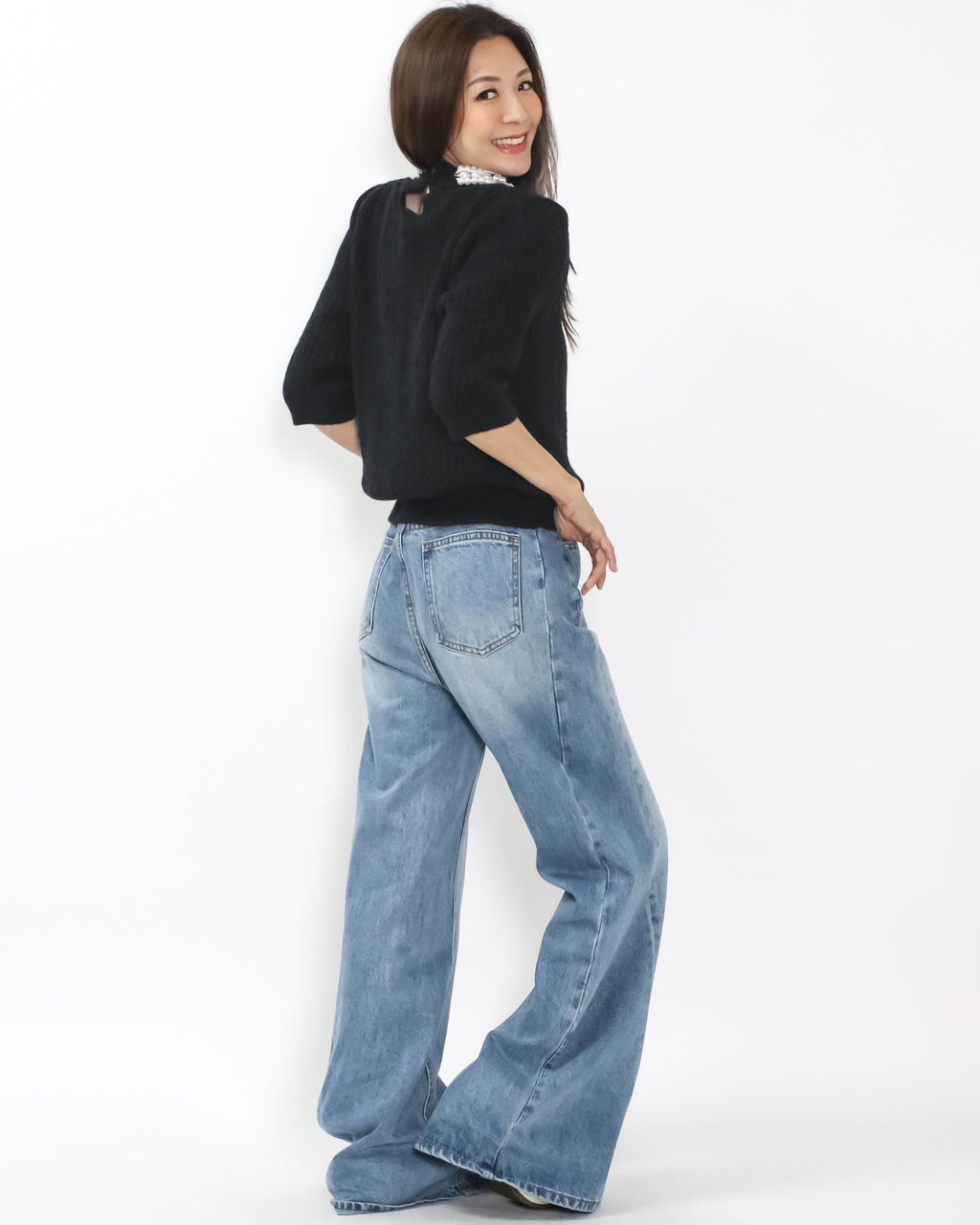 black knitted w/ pearls neckline top