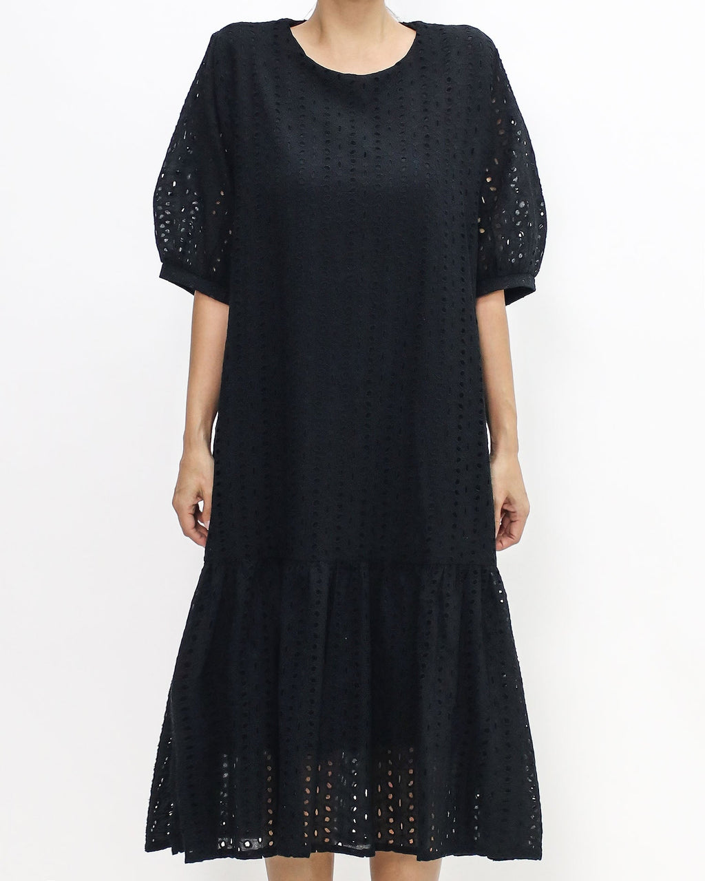 black crochet flare longline dress