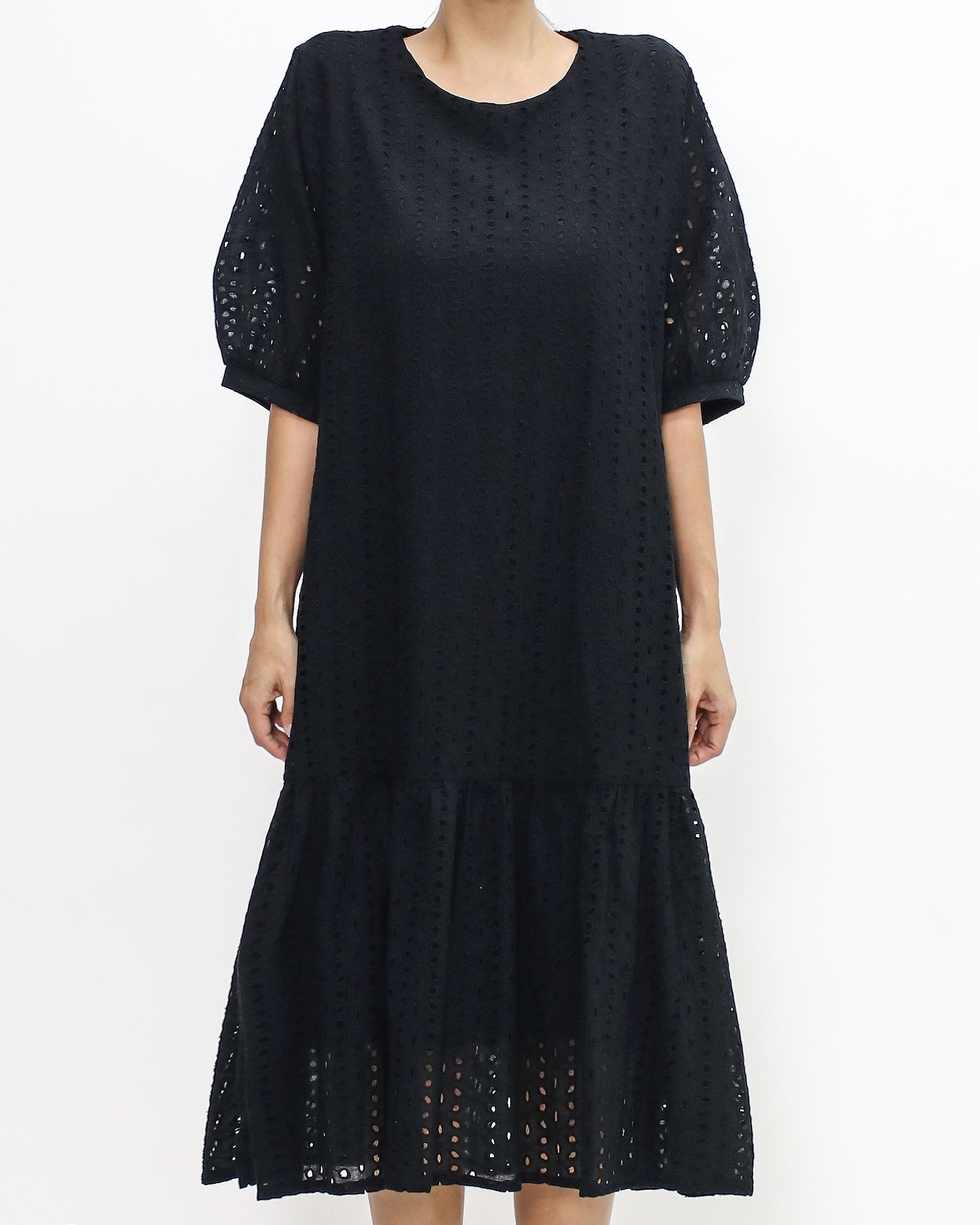 black crochet flare longline dress