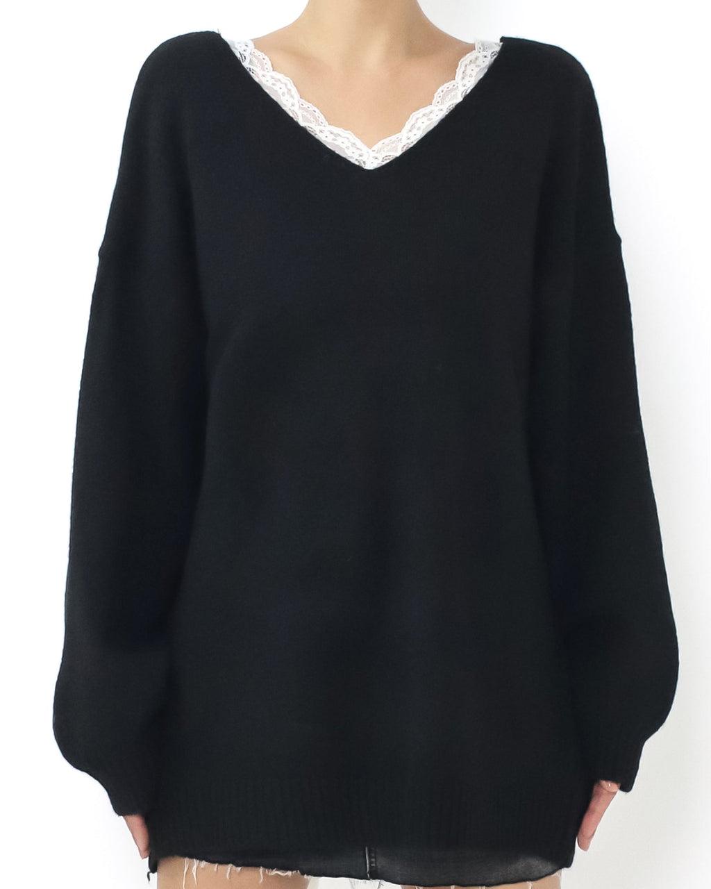 black lace trim w/ ivory satin bow back cutout back knitted top *pre-order*