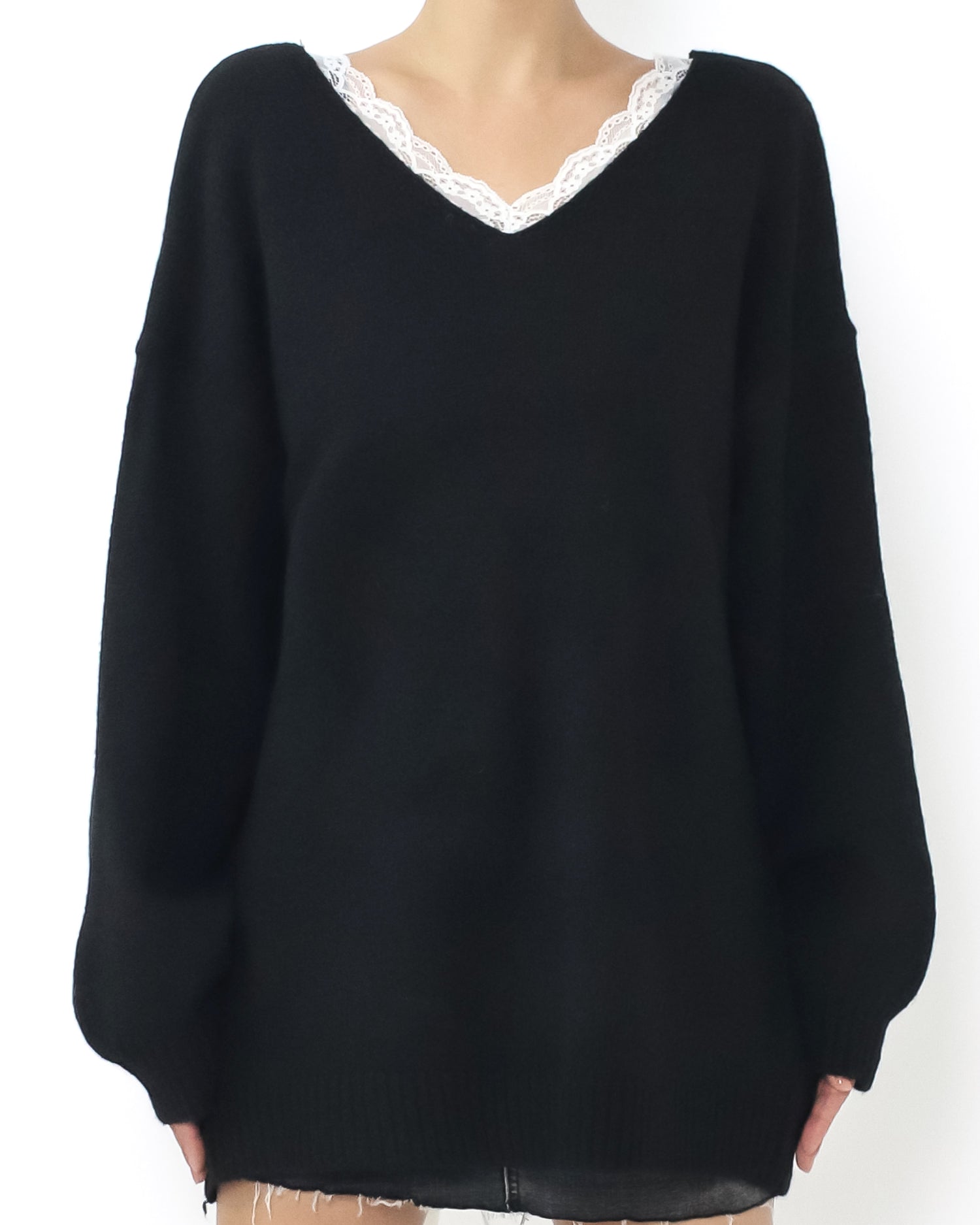 black lace trim w/ ivory satin bow back cutout back knitted top *pre-order*