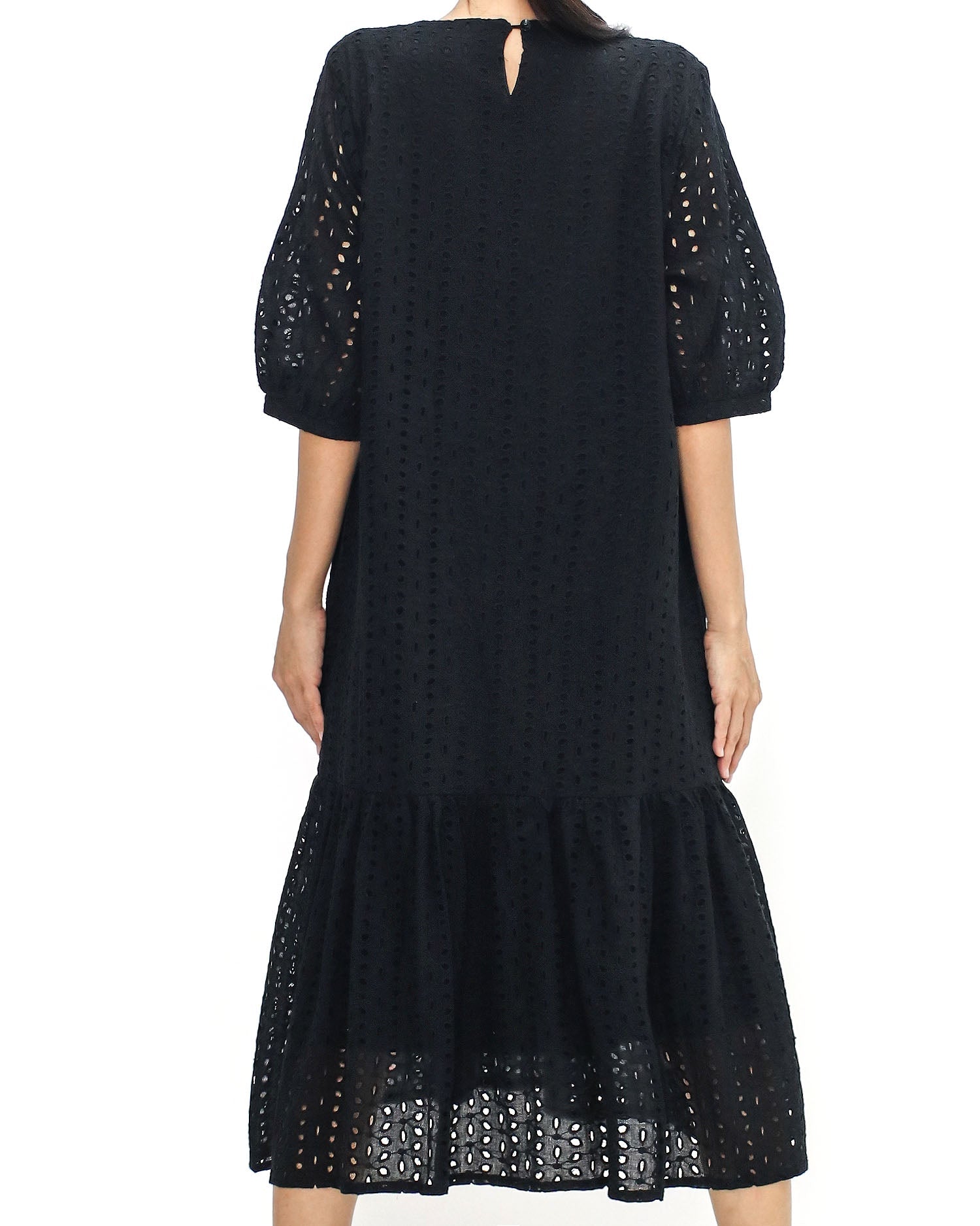 black crochet flare longline dress