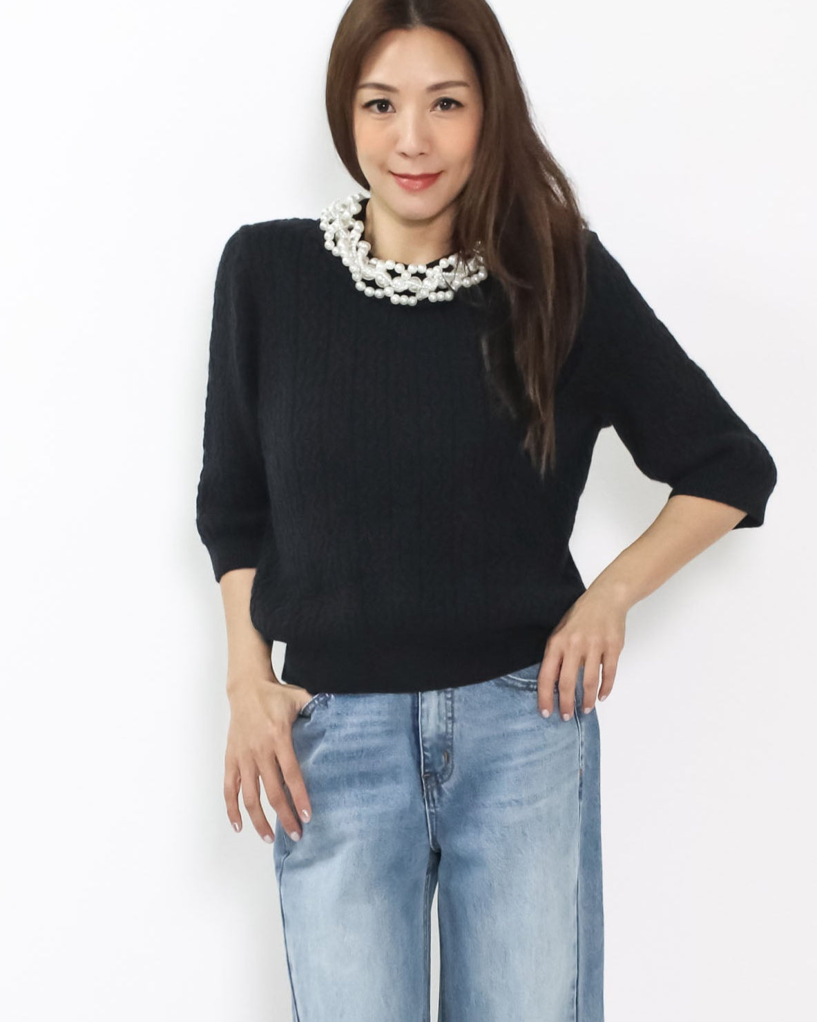 black knitted w/ pearls neckline top