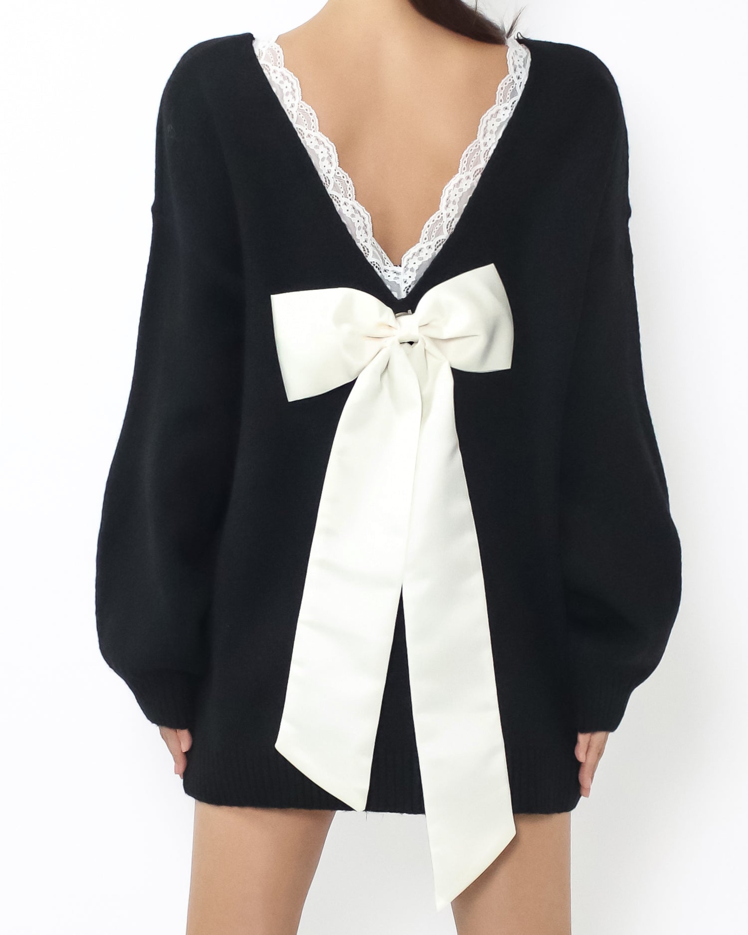 black lace trim w/ ivory satin bow back cutout back knitted top *pre-order*