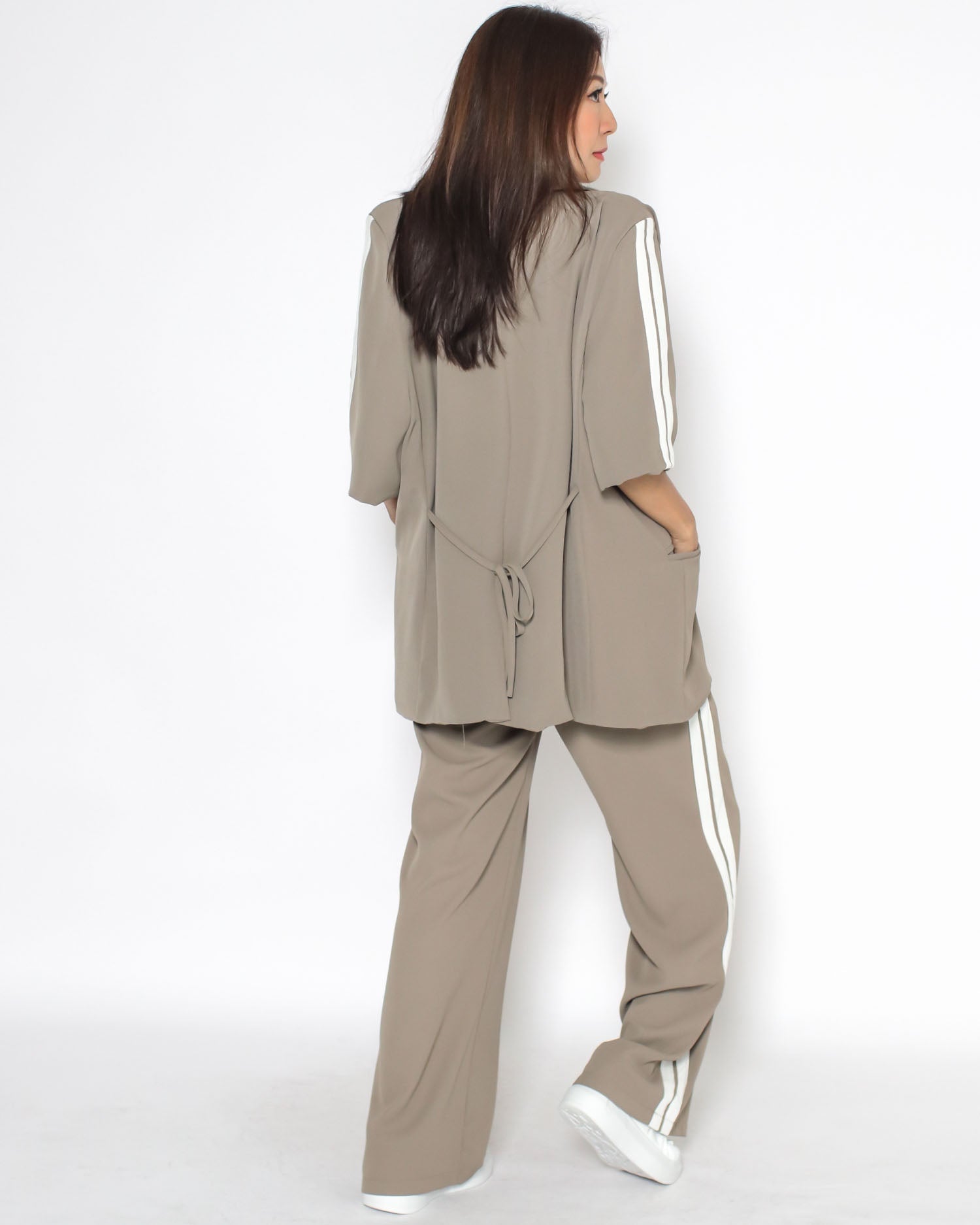 beige & ivory stripes chiffon jacket & straight pants set *pre-order*