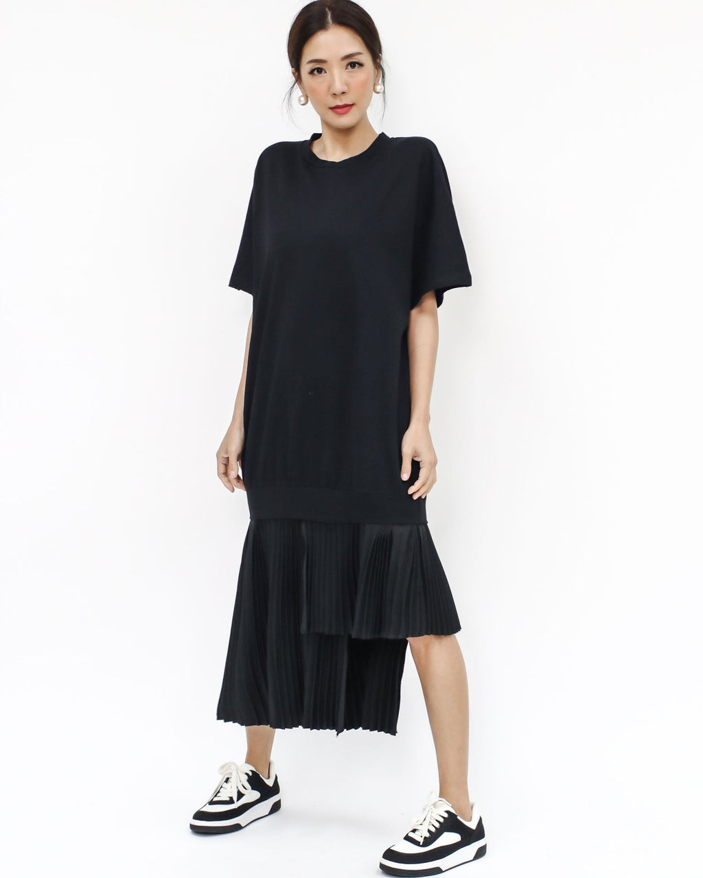 black tee w/ asymmetric pleats hem dress *pre-order*
