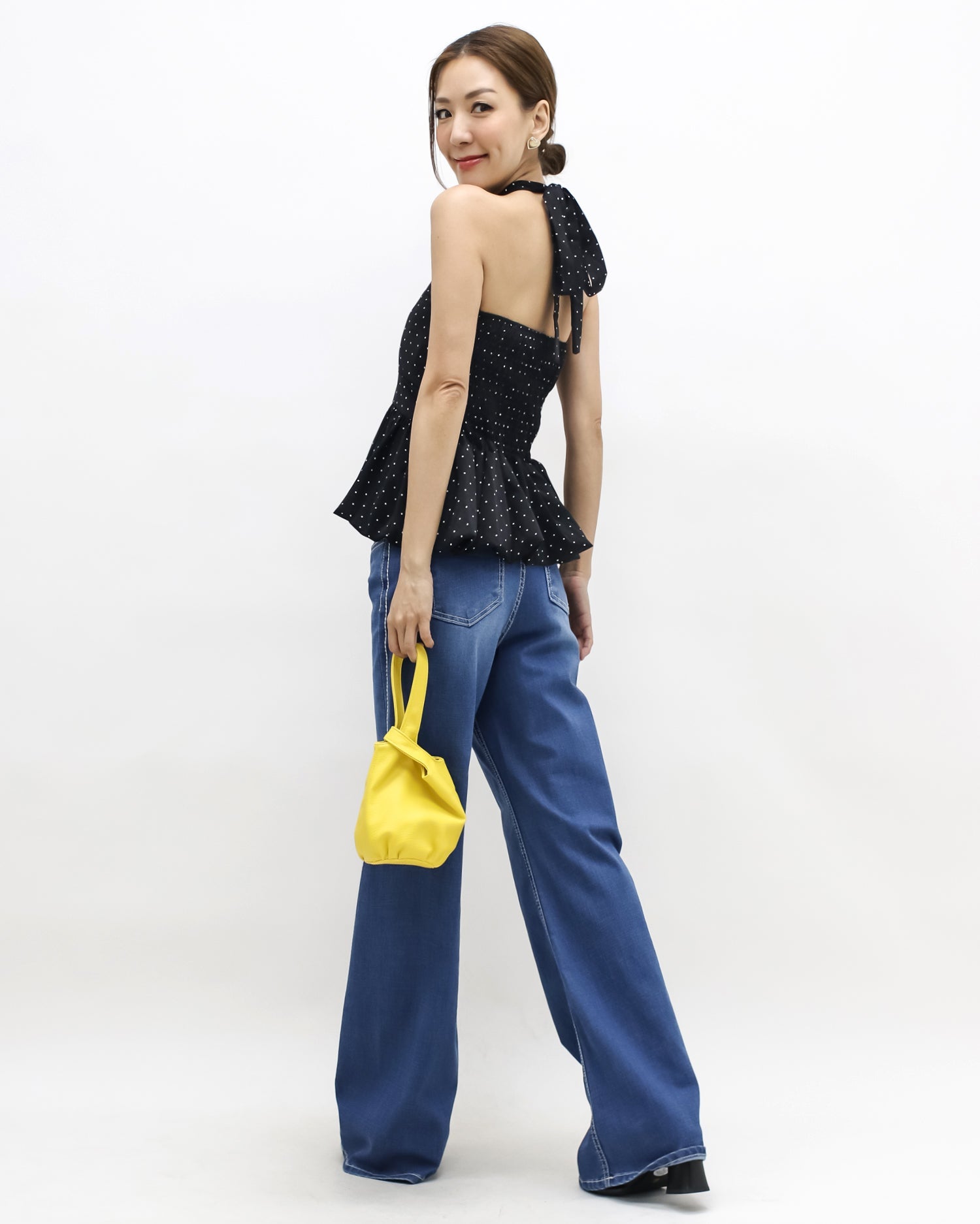 black w/ ivory polka dots halter neck bubble hem top *pre-order*