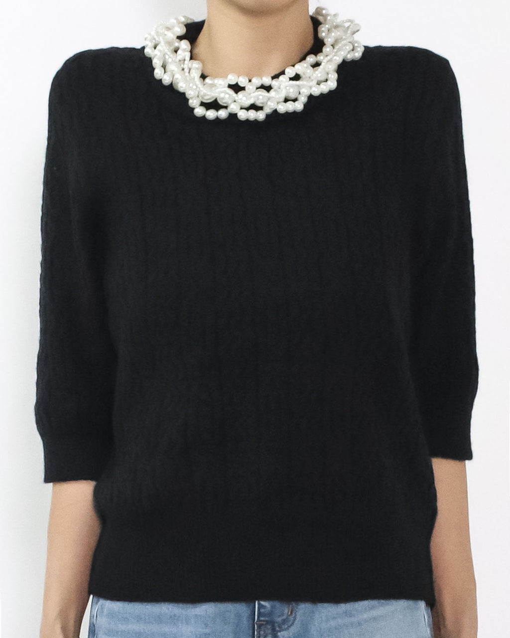 black knitted w/ pearls neckline top