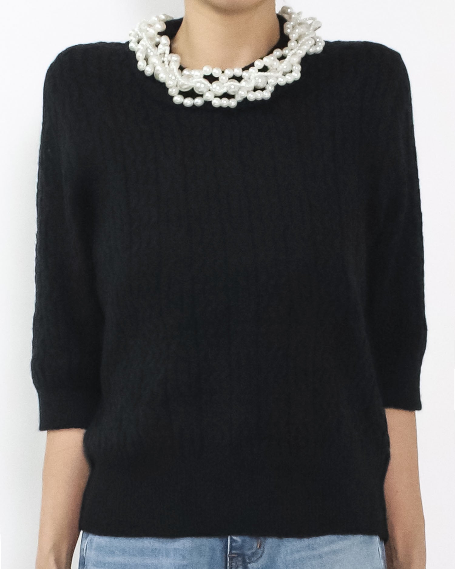 black knitted w/ pearls neckline top