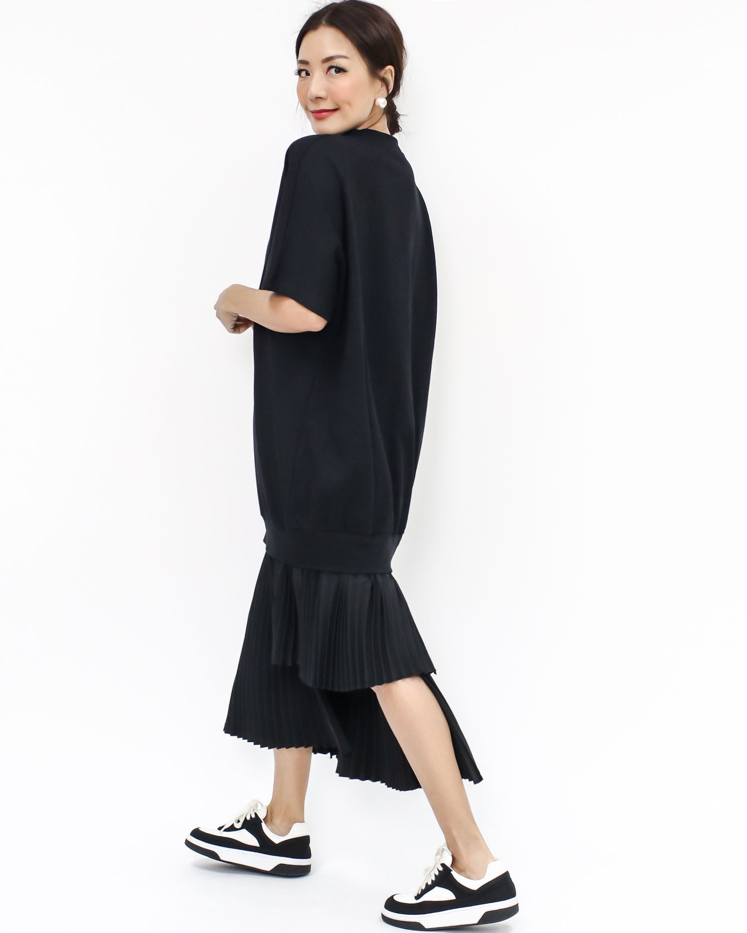 black tee w/ asymmetric pleats hem dress *pre-order*